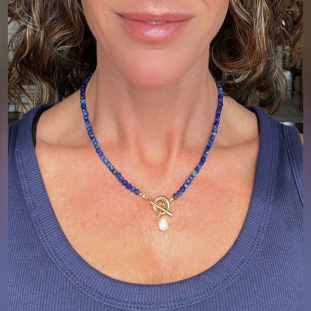 Blue Lapis Lazuli Gemstone Necklace Gold Toggle Clasp Removable Baroque Pearl